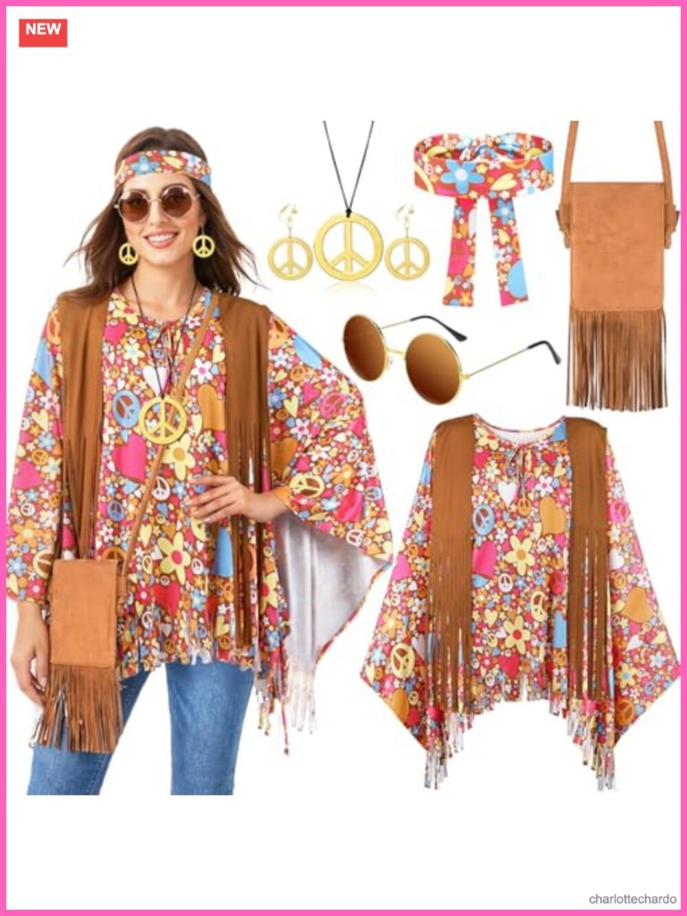 70s Hippie Costume Accessory Set Tie Dye Poncho Fringe Bag